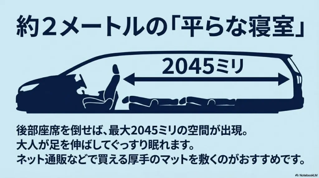 約2メートルの平らな寝室。後部座席を倒すと最大2045mmの空間が出現