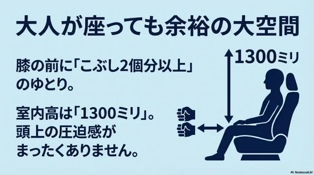 大人が座っても余裕の大空間。膝前にこぶし2個分以上のゆとりと室内高1300mm