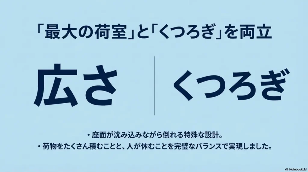 最大の荷室とくつろぎを両立する座面沈み込み式の特殊設計。荷物と休息の完璧なバランス