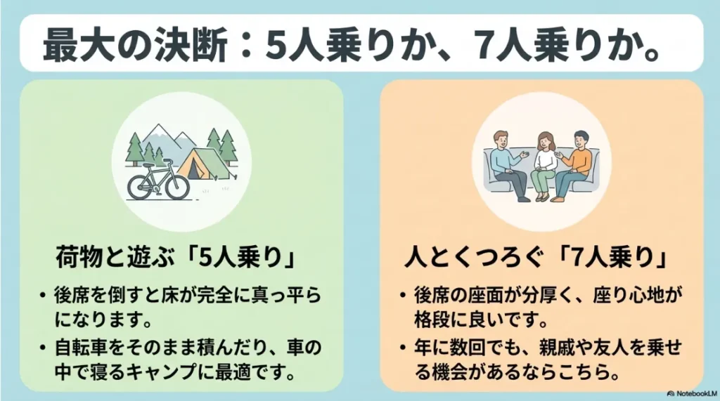荷物やキャンプに適した完全フラットな5人乗りと、座り心地が良く多人数に適した7人乗りの違い