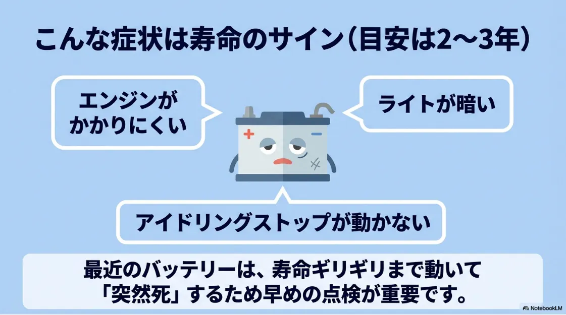 エンジンがかかりにくい、ライトが暗いなど、バッテリー寿命のサインと、突然死を防ぐための点検の重要性を説明するスライド画像。