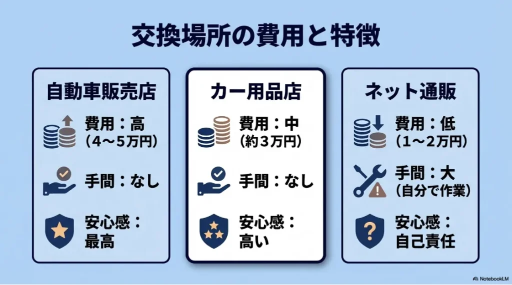 自動車販売店、カー用品店、ネット通販の3箇所における、シエンタのバッテリー交換費用と安心感、手間の違いを比較した表のスライド画像。