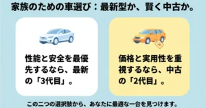 家族のためのシエンタ選び、性能・安全の最新3代目か、価格・実用の中古2代目かを比較する導入スライド