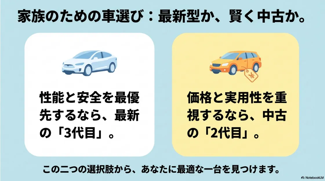 家族のためのシエンタ選び、性能・安全の最新3代目か、価格・実用の中古2代目かを比較する導入スライド