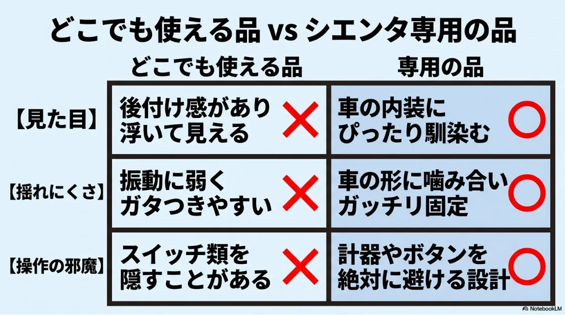 汎用品と専用品の比較表。見た目の一体感、揺れにくさ、操作スイッチの干渉回避の3項目で専用品の優位性を解説。