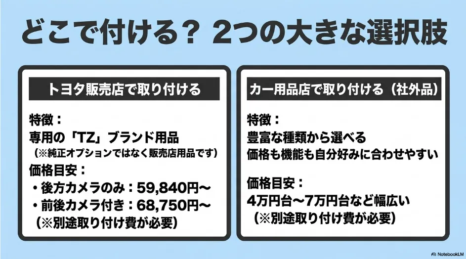シエンタのデジタルインナーミラーをトヨタ販売店とカー用品店で取り付ける場合の価格と特徴の比較