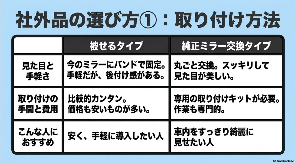 シエンタ用デジタルインナーミラーの被せるタイプと純正ミラー交換タイプを比較した表