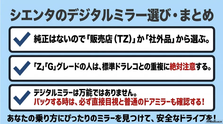 シエンタのデジタルインナーミラー選びと標準ドラレコの重複、安全確認の注意点をまとめた図