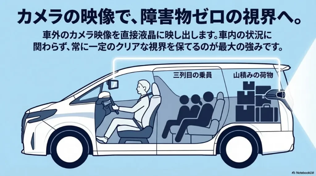 車外カメラの映像を直接液晶に映し出し、障害物ゼロのクリアな視界を確保する仕組み