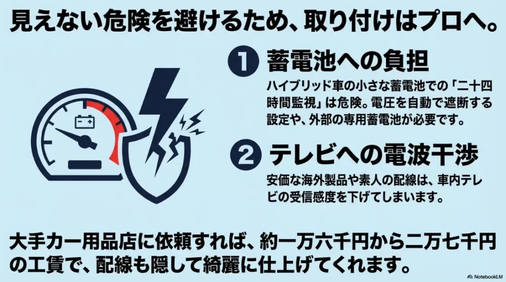 蓄電池(バッテリー)への負担やテレビへの電波干渉を防ぐためのプロへの依頼推奨