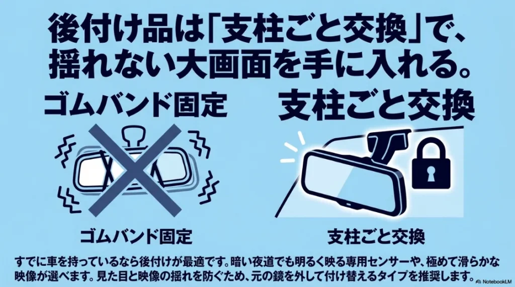 映像が揺れにくい「支柱ごと交換」タイプと、手軽な「ゴムバンド固定」タイプの比較