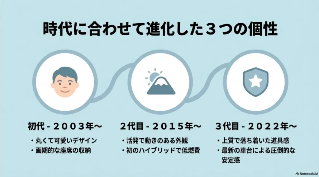 2003年登場の初代、2015年登場の2代目、2022年登場の3代目のデザインと特徴の変遷 