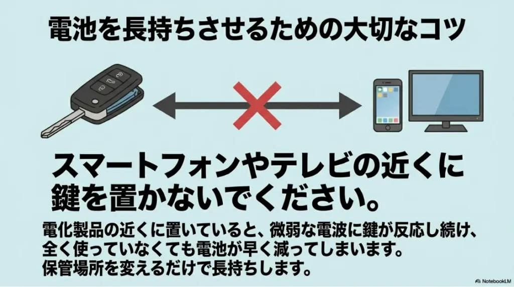 スマートキーの電池を長持ちさせるコツ。スマートフォンやテレビなど電波を発する機器の近くに置かないことの解説