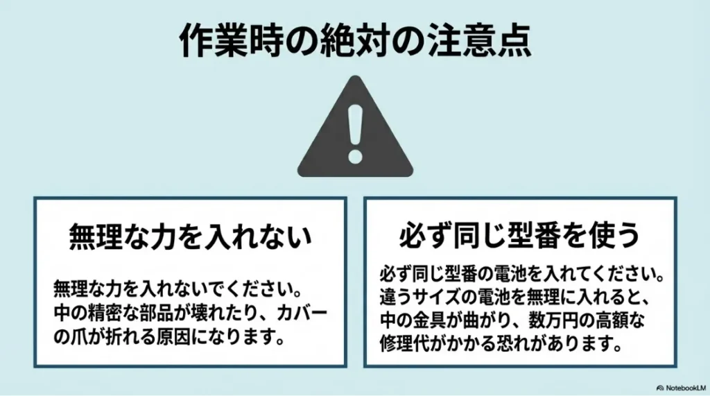 電池交換時の注意点。無理な力を入れないことと、必ず同じ型番の電池を使用することの警告。