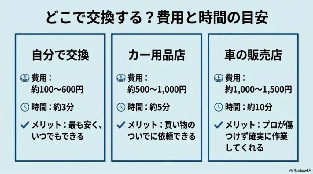 自分で交換、カー用品店、販売店での費用と時間の比較表