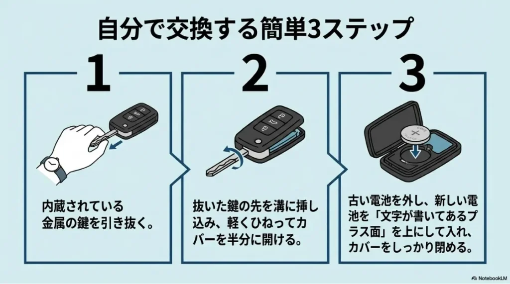 自分で鍵の電池を交換する3ステップ（鍵を抜く、カバーを開ける、電池を入れる）。