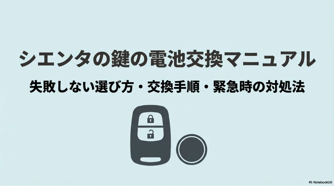 シエンタの鍵の電池交換マニュアルの表紙画像。スマートキーとボタン電池のイラスト。