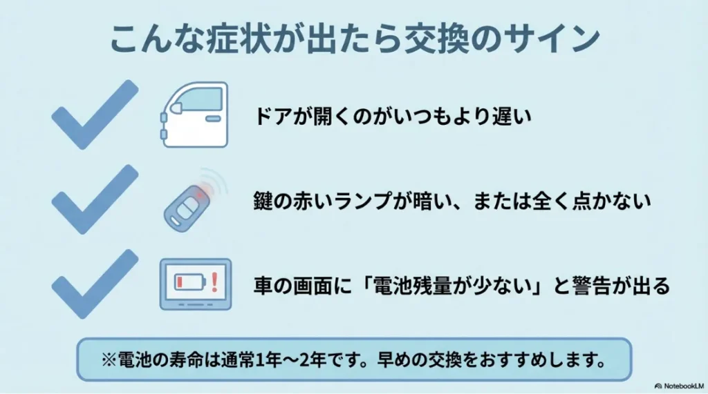 シエンタの鍵の電池交換が必要な3つのサイン（ドアの反応が遅い、ランプが暗い、画面の警告）。