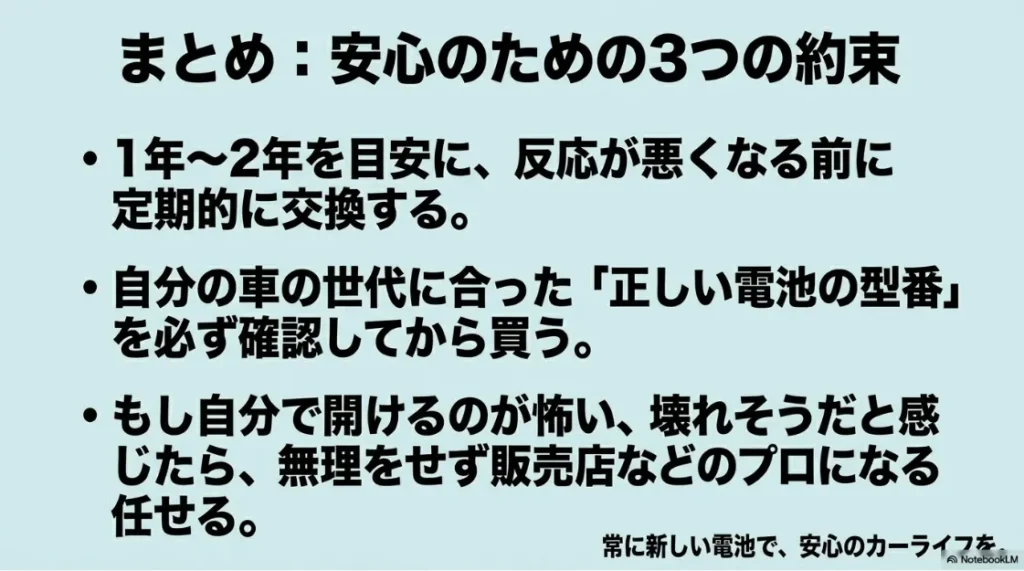 安心のための3つの約束。定期交換、型番確認、無理をせずプロに任せることのまとめ