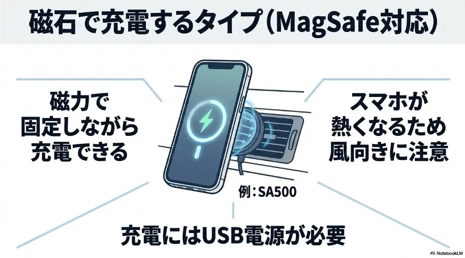 MagSafe対応のSA500でiPhoneを磁力固定しながら充電し、USB電源やエアコンの温風による発熱に注意する説明