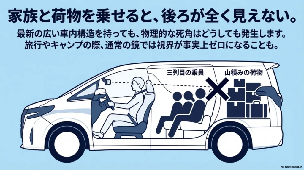 3列目の乗員や山積みの荷物によって、通常の鏡では後方が全く見えなくなる死角の図解
