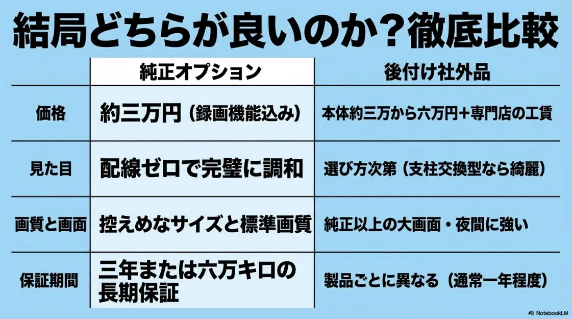 純正オプションと後付け社外品の価格、見た目、画質、保証期間を徹底比較した比較表