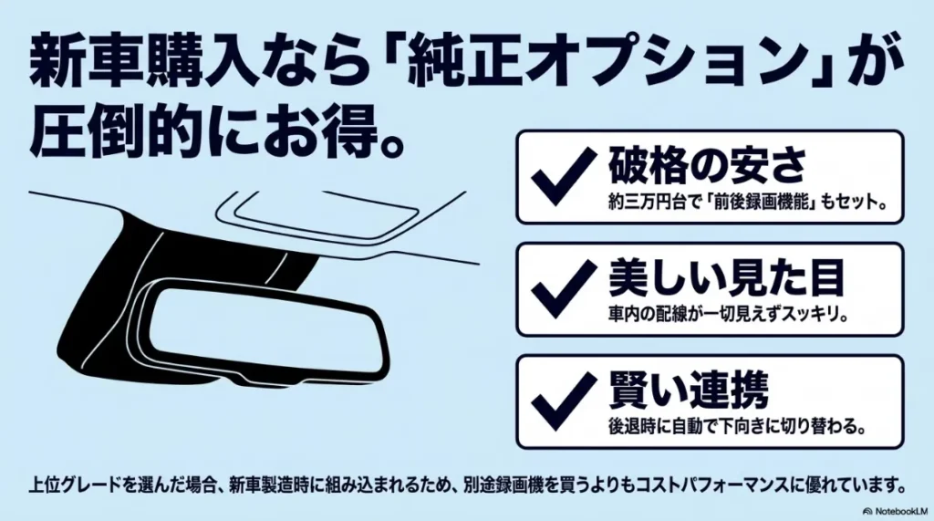 配線がスッキリした見た目、前後録画機能、後退時に画角が自動で下向きになる純正オプションの特徴