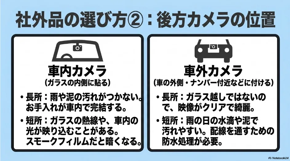 デジタルインナーミラーの車内カメラと車外カメラの長所と短所を比較した図