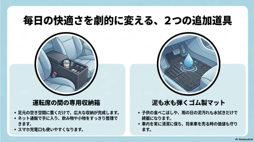 運転席の収納力を高めるコンソールボックスと、汚れに強いゴム製マットの紹介