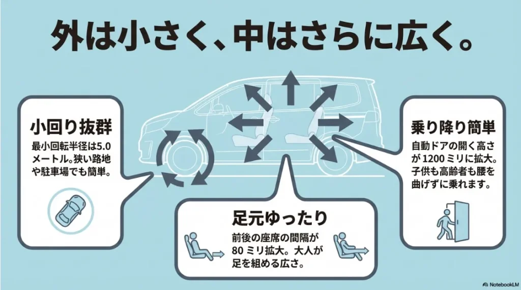 最小回転半径5.0mの小回り性能、前後席間隔80mm拡大、開口高1200mmへの向上を説明するスライド