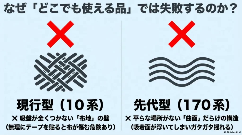 汎用品が失敗する理由。現行10系の布地による吸盤不可、先代170系の曲面構造によるガタつきを説明する比較図。