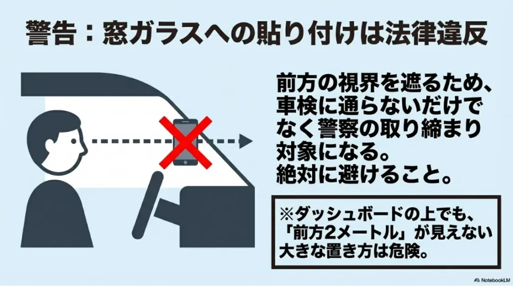 窓ガラスへの貼り付けが法律違反であることを示す警告。前方の視界確保と安全基準の重要性を解説。