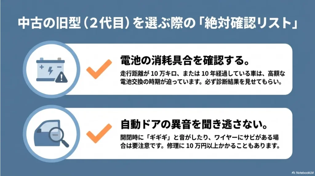 中古の2代目シエンタを選ぶ際の、ハイブリッド電池の消耗と自動ドアの異音に関する注意点