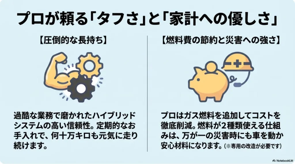 プロが頼るタフさと家計への優しさ。何十万キロも耐えるハイブリッドシステムと、燃料費削減や災害時にも役立つLPG併用の仕組みについての解説 。