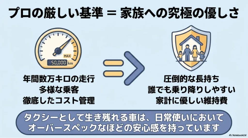 プロの厳しい基準は家族への優しさであると定義し、85万kmもの走行距離や多様な乗客への対応、コスト管理など、タクシーとしてのタフさが日常の安心感につながることを説明する図解 。