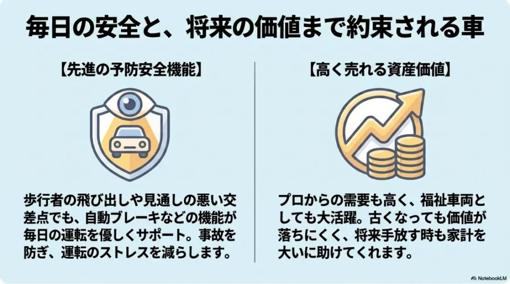 毎日の安全と将来の価値。先進の予防安全機能によるサポートと、中古市場や福祉車両としての需要の高さによる資産価値の維持についての解説 。