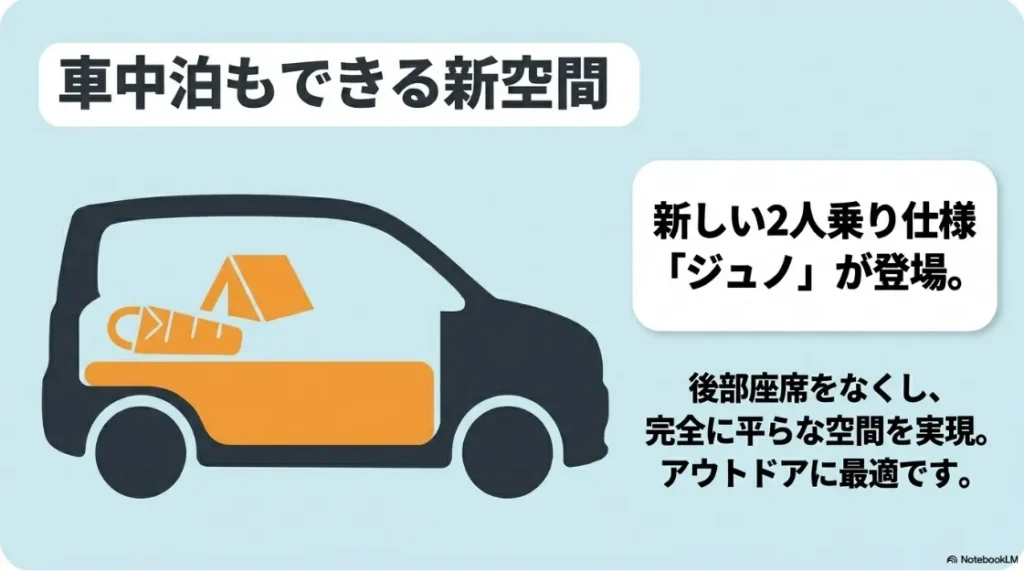 車中泊やアウトドアに最適な、2人乗り仕様の新グレード「JUNO（ジュノ）」のフラット空間を紹介するスライド。