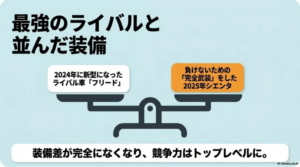 2024年登場の新型フリードに対し、シエンタが2025年の改良で装備差を無くし「完全武装」したことを示す比較スライド。
