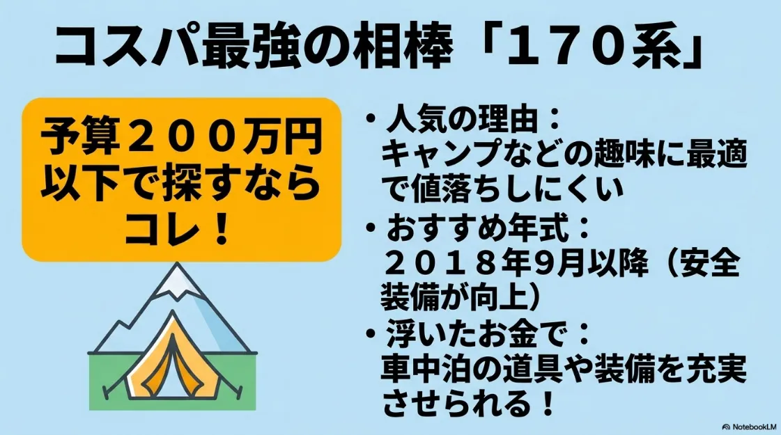 コスパ重視の170系シエンタ旧型モデルの紹介。予算200万円以下、2018年9月以降の安全装備向上の年式がおすすめである解説。