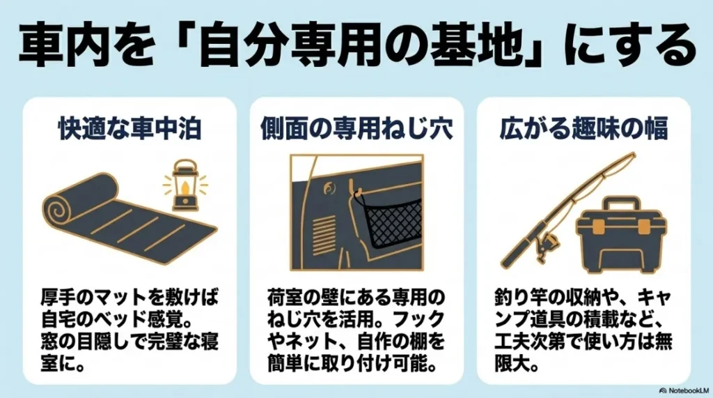 シエンタの車内を自分専用の基地にするカスタマイズ例。荷室側面の専用ねじ穴を利用したフックやネットの取り付け、釣り竿やキャンプ道具の収納。