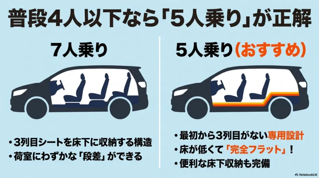 シエンタの7人乗りと5人乗りの構造比較。5人乗りは3列目シートがなく、床が低くて完全フラットな荷室であることを示すイラスト。