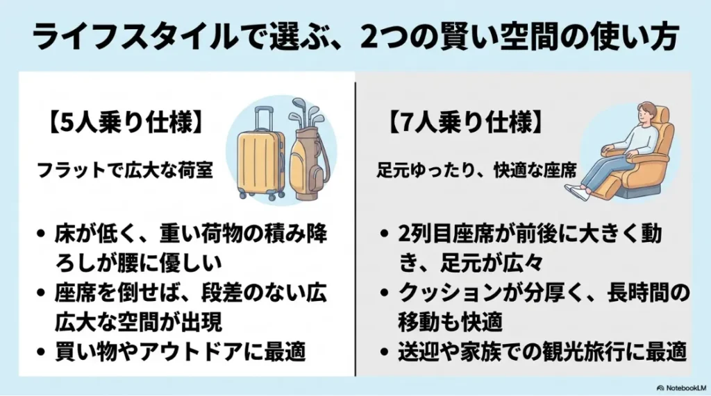 ライフスタイルに合わせた2つの空間活用。5人乗りのフラットで広大な荷室と、7人乗りの足元ゆったりな快適座席の特徴を比較した図 。