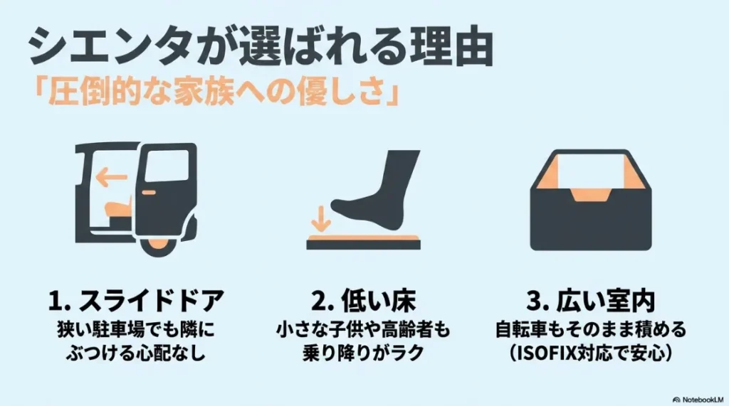 シエンタが選ばれる理由。スライドドア、低い床、広い室内の3つのメリット