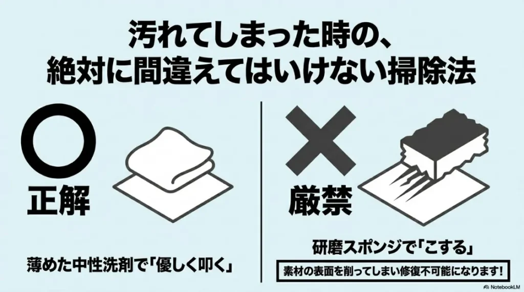 研磨スポンジでのこすり洗いは厳禁とし、薄めた中性洗剤で優しく叩くのが正しい掃除法であることを示す比較図