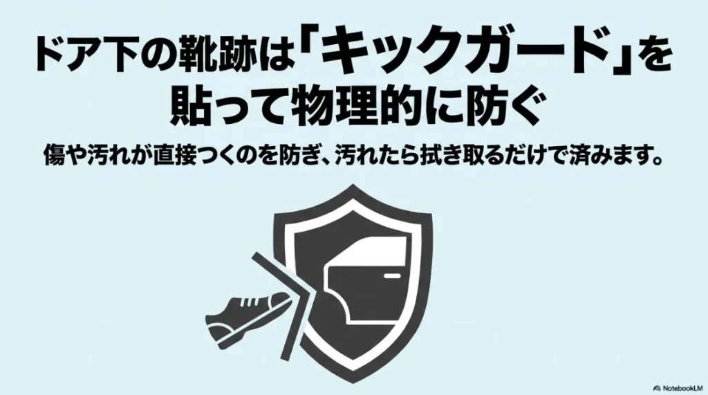 ドア下部の靴跡を物理的に防ぐキックガードの仕組みとメリットを示すイラスト