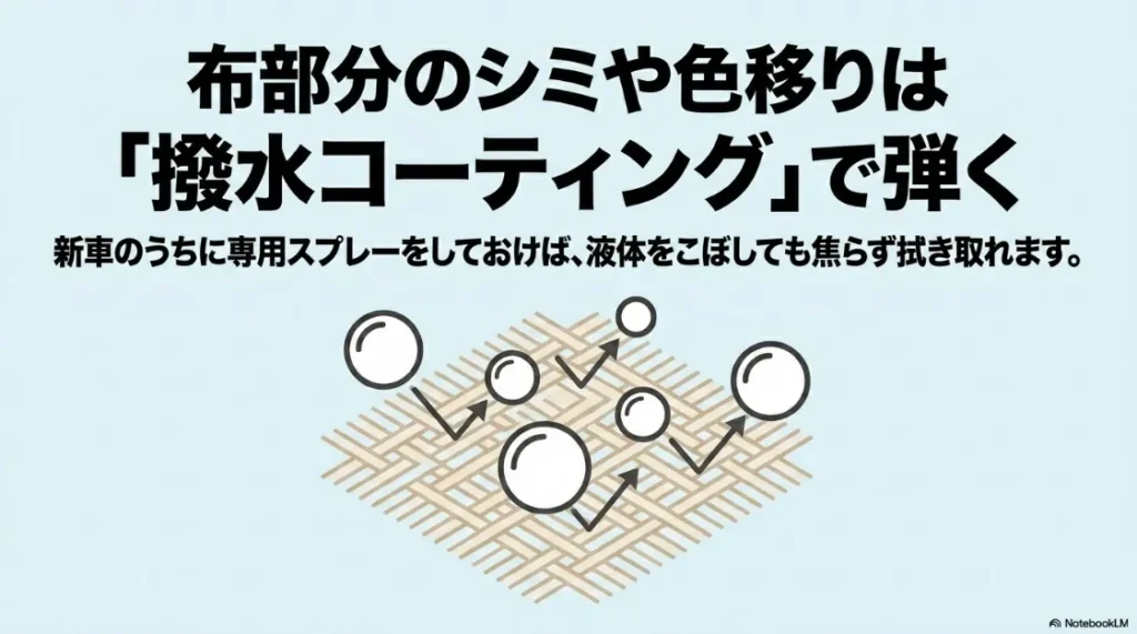 布部分の繊維が液体を弾く様子を描いた、撥水コーティングによるシミ防止のイメージ図
