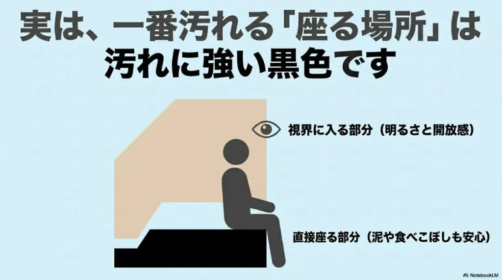 シエンタのシート構成図。視界に入る部分は明るいフロマージュ、直接座る部分は汚れに強い黒色であることを示すイラスト