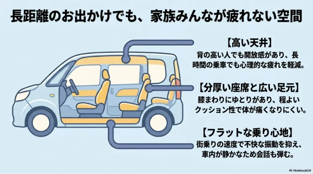 シエンタの車内空間のメリット。高い天井による開放感、分厚い座席と広い足元、不快な振動を抑えたフラットな乗り心地を解説するイラスト 。