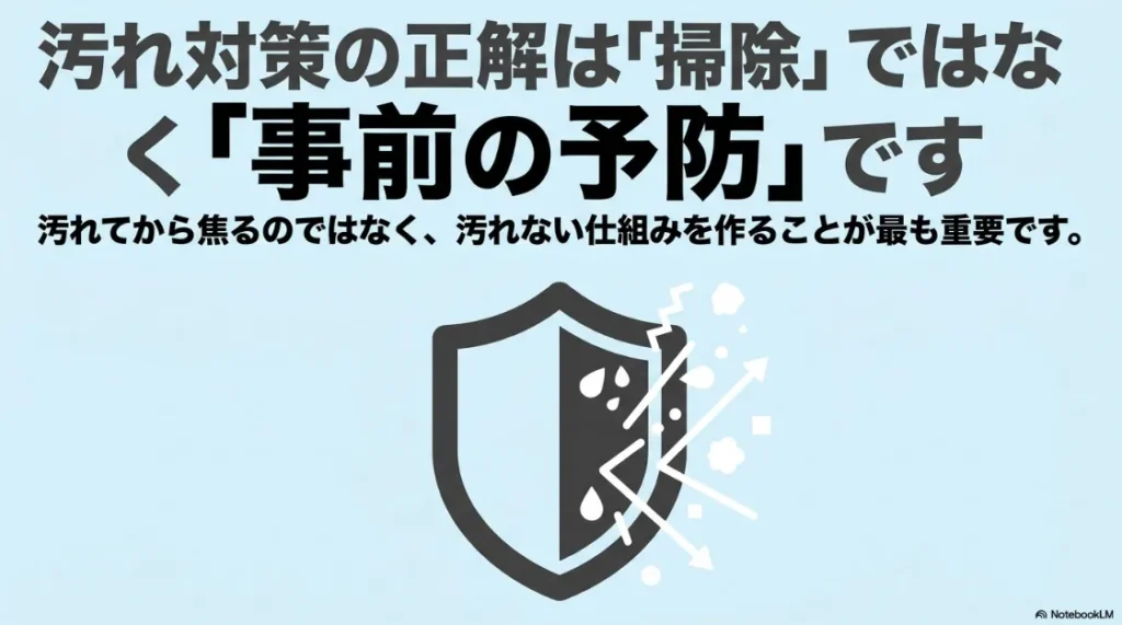 汚れ対策の正解は掃除ではなく事前の予防であるという考え方を示すシールドのアイコンと解説
