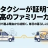 街のタクシーが最高のファミリーカーであることを証明するというタイトルと、タクシーと家族が乗ったシエンタがイコールで結ばれたイラスト 。